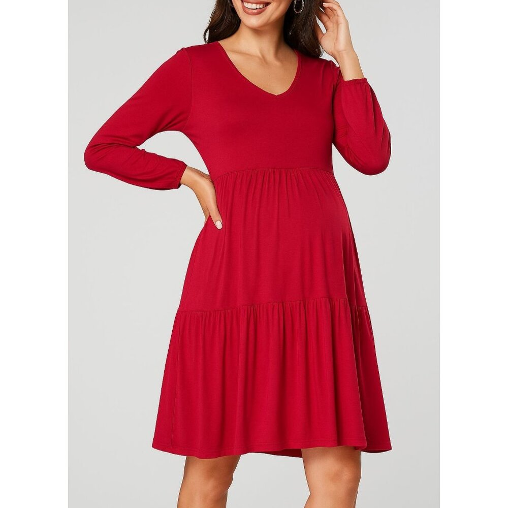 Smallshow Red Rayon & Spandex Long Sleeve V-Neck Tiered Maternity Dress size XL